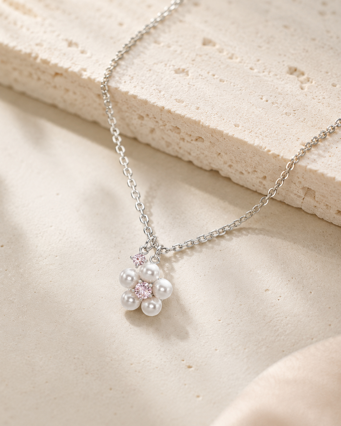 CARV. silver pearl cluster necklace with pearl bead cluster, crystal accents and clasp detail