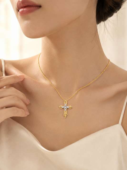 CARV. mixed-tone cross pendant necklace worn at collarbone with silver crystal cross pendant