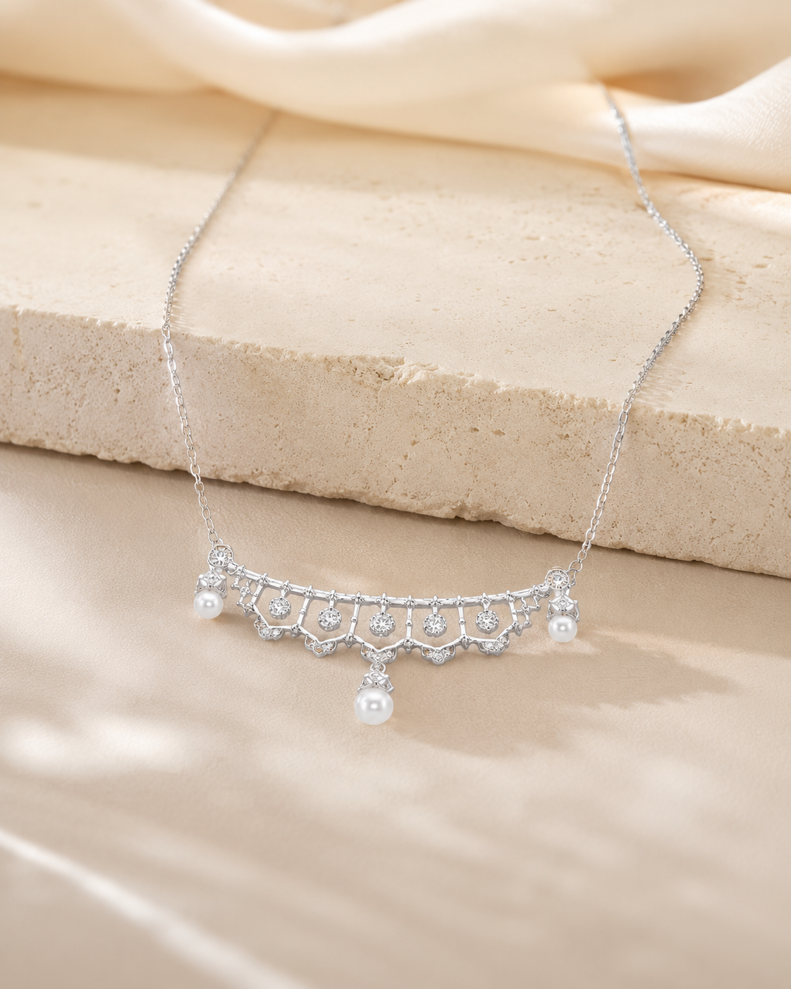 CARV. silver lace pearl necklace with scalloped fringe and drop pearl accents product display