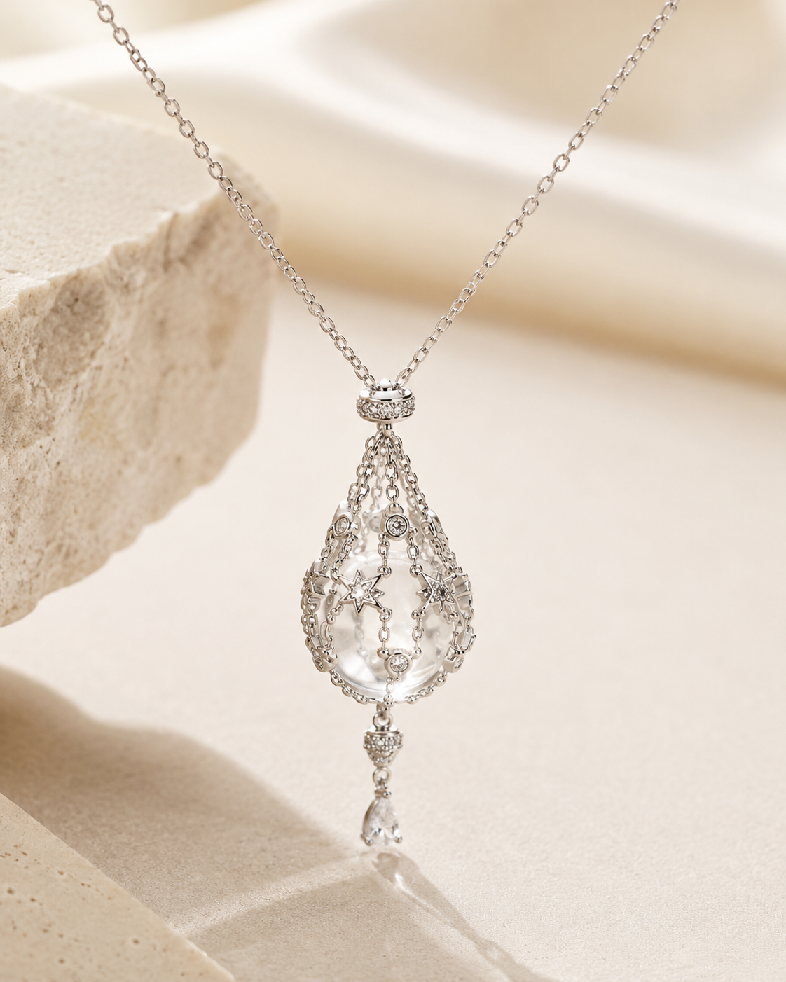 CARV. silver crystal cage pendant necklace with teardrop filigree pendant and hanging crystal detail