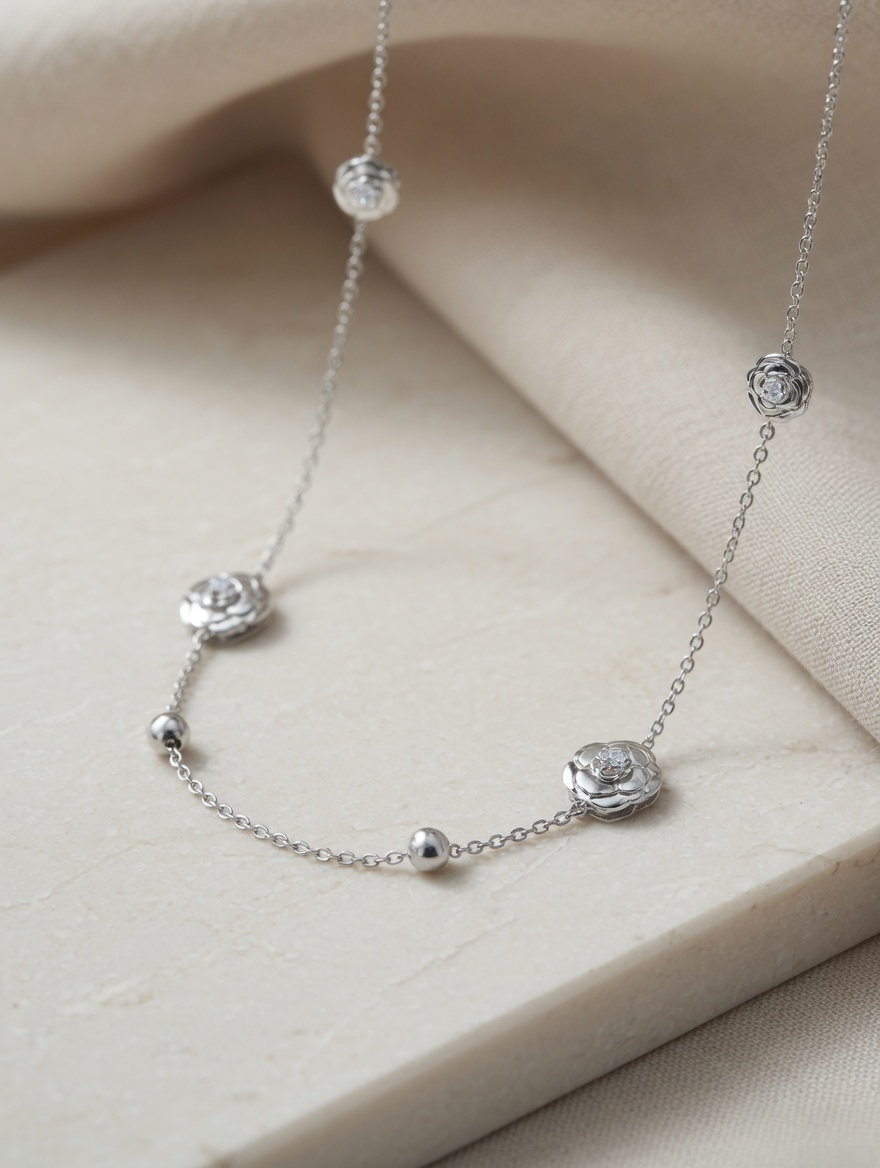 CARV. silver rose station necklace with floral bead stations, polished round accents and clasp detail