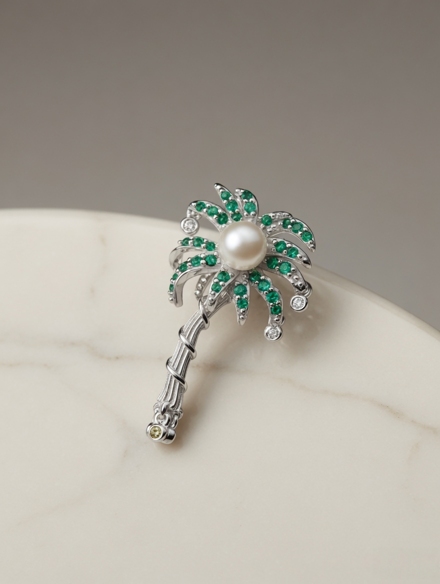 CARV. silver palm tree pendant with pearl center, green stone leaves and clear stone accents displayed as product shot
