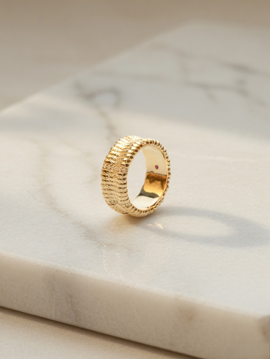 CARV. gold textured wide band ring with ribbed surface and polished interior on display