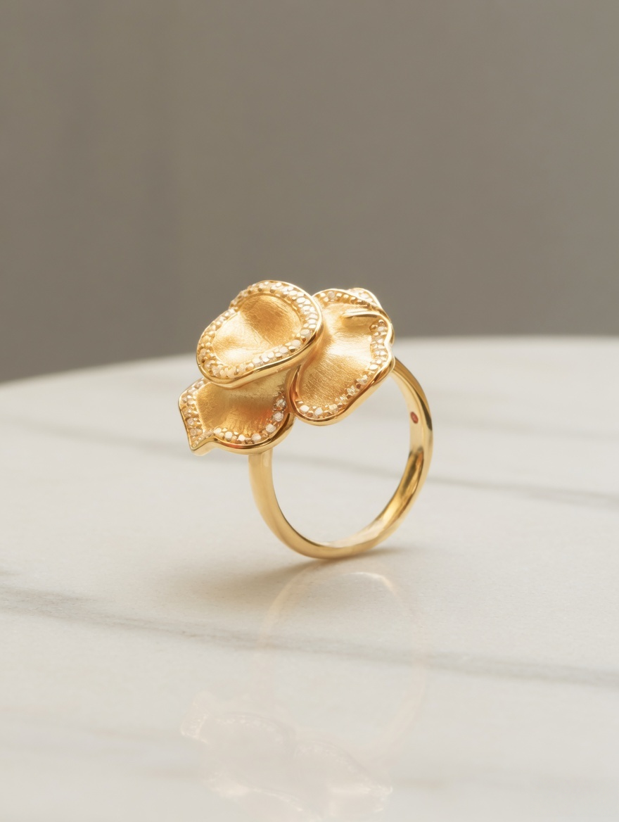 CARV. gold floral statement ring with layered petals, pavé edge detail and side display