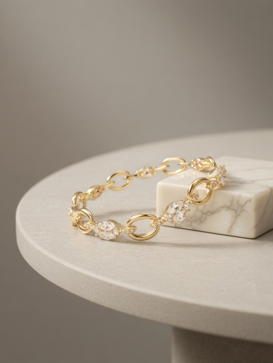 CARV. gold link bracelet with oval links and marquise crystal accents displayed on a stone surface