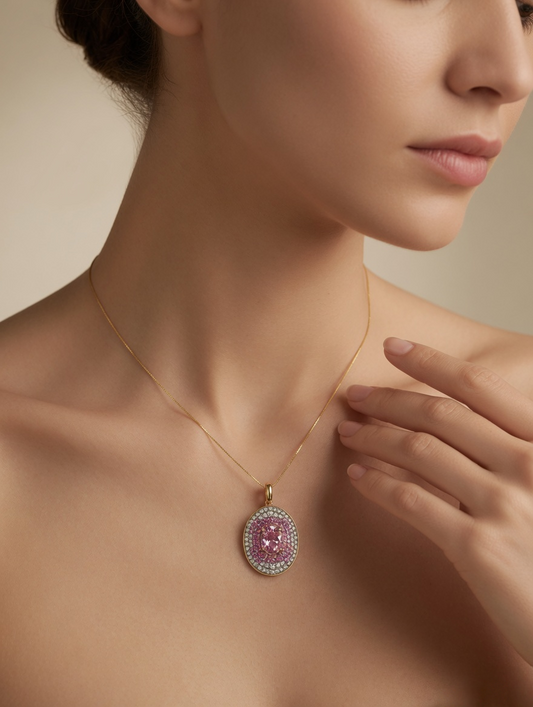 CARV. reversible pink oval pendant necklace worn at collarbone with pink centre stone and crystal halo