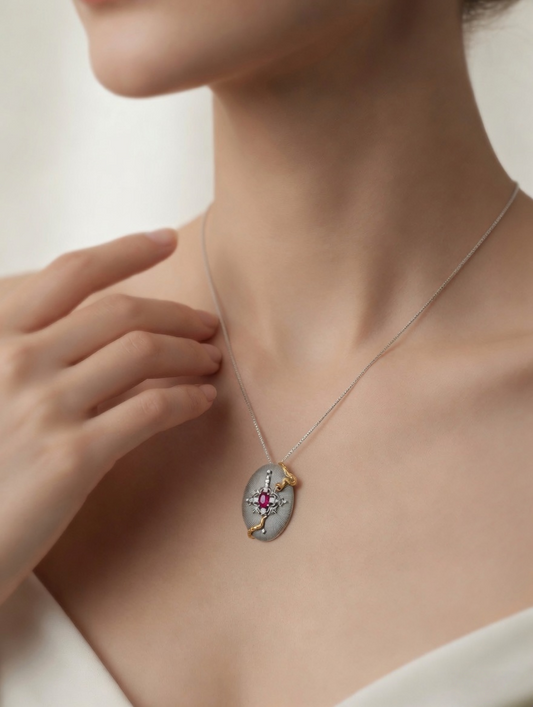 CARV. ruby serpent medallion pendant necklace worn at collarbone with oval medallion and pink centre stone