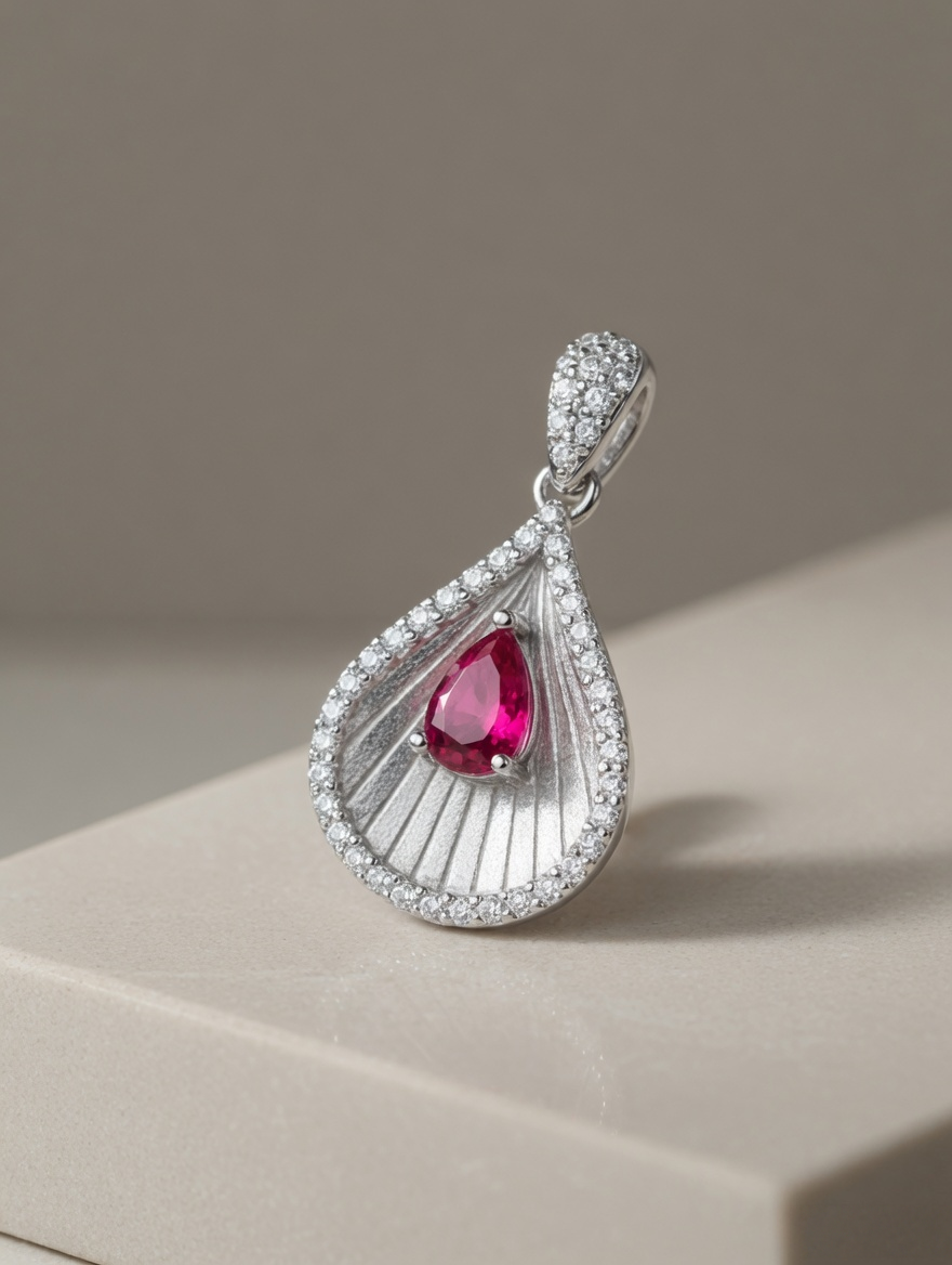 CARV. silver teardrop pendant with pink centre stone, pavé outline and necklace bail detail