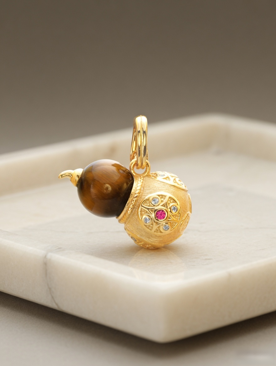 CARV. gold tiger eye gourd pendant with round brown stone, coloured accents and necklace bail detail