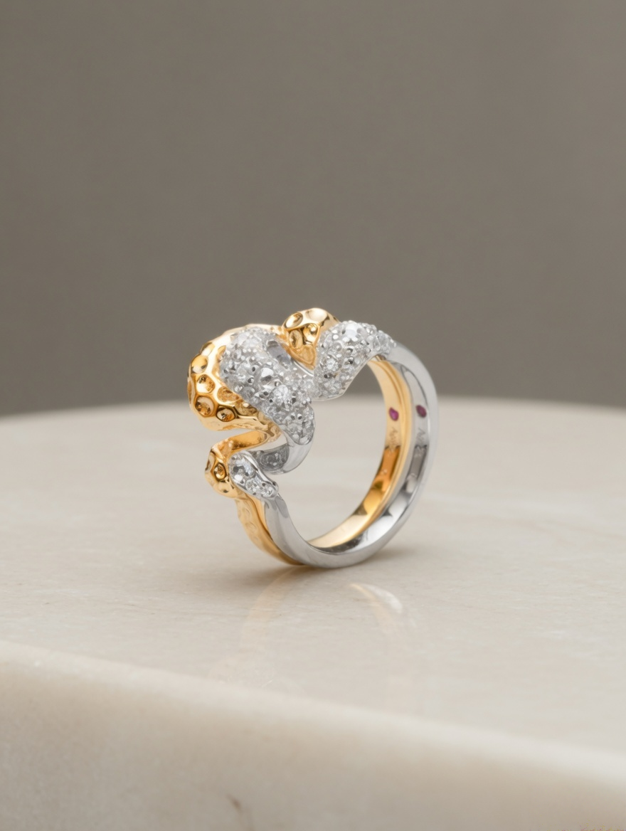 CARV. two-tone sculptural ring set with intertwined gold and silver bands on display