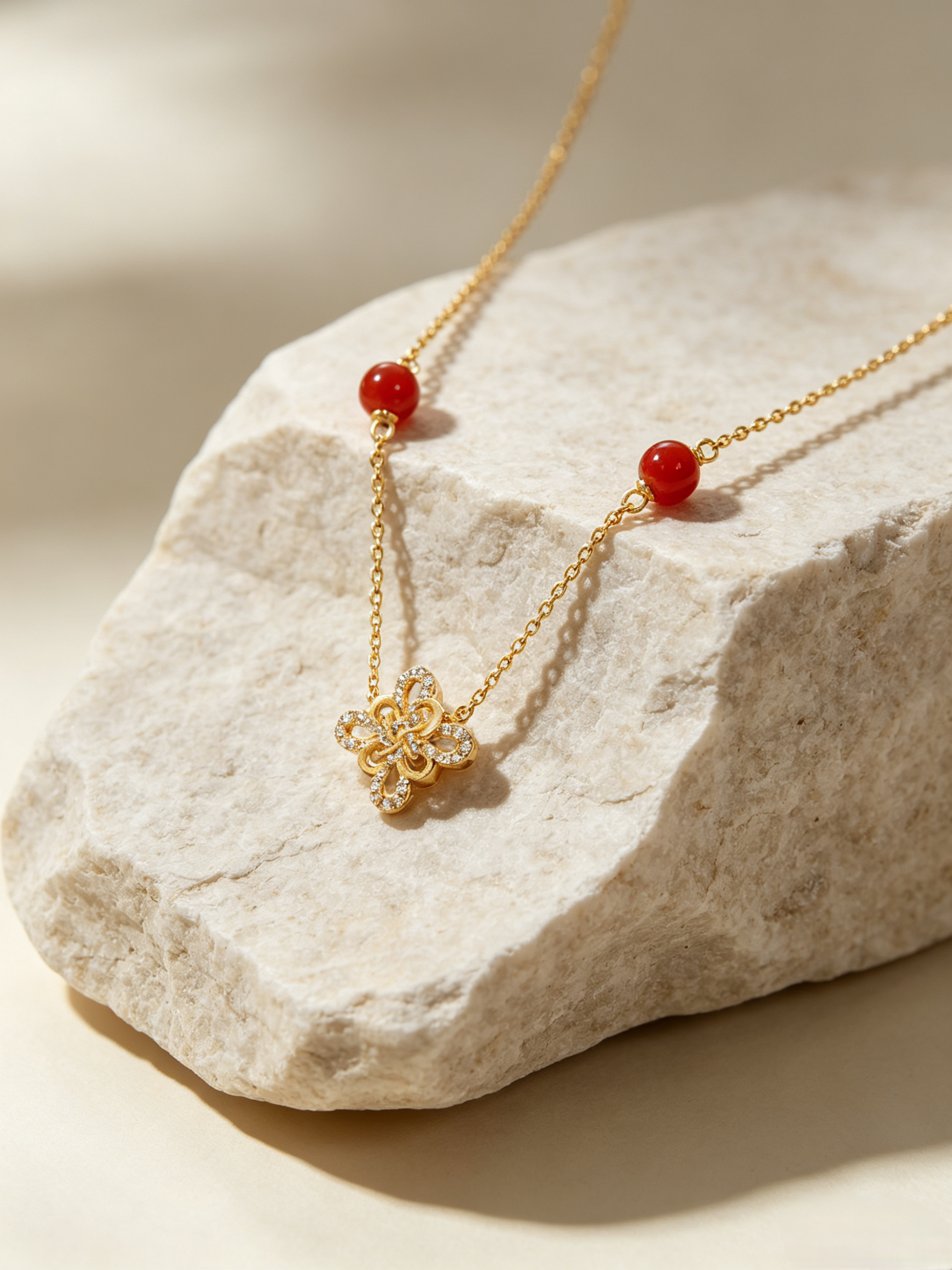 CARV. gold red agate knot necklace with red bead stations, fine chain and gold knot pendant detail