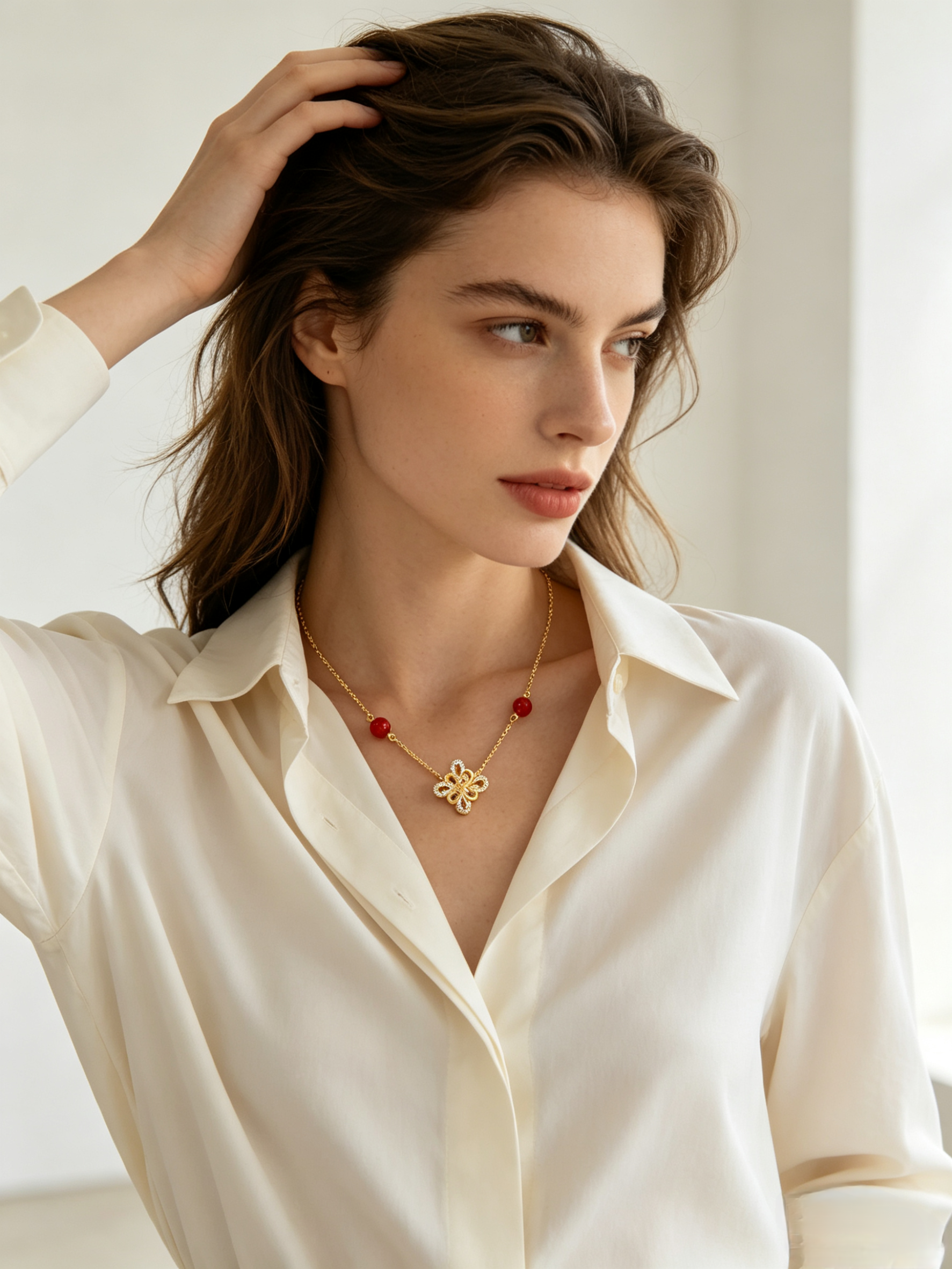CARV. gold red agate knot necklace worn at collarbone with fine chain and red bead detail