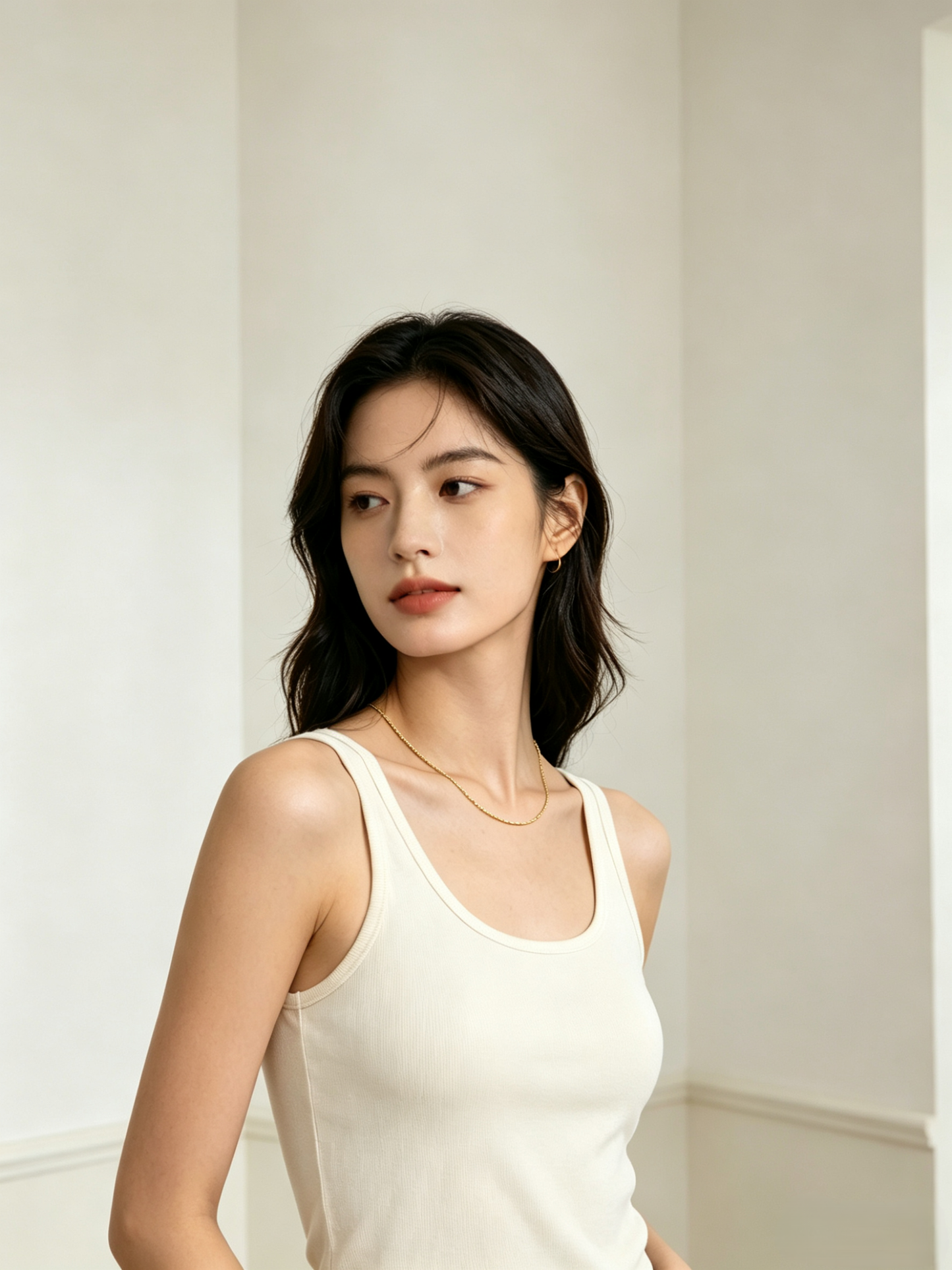 CARV. gold single chain necklace worn at collarbone with a minimal fine chain look
