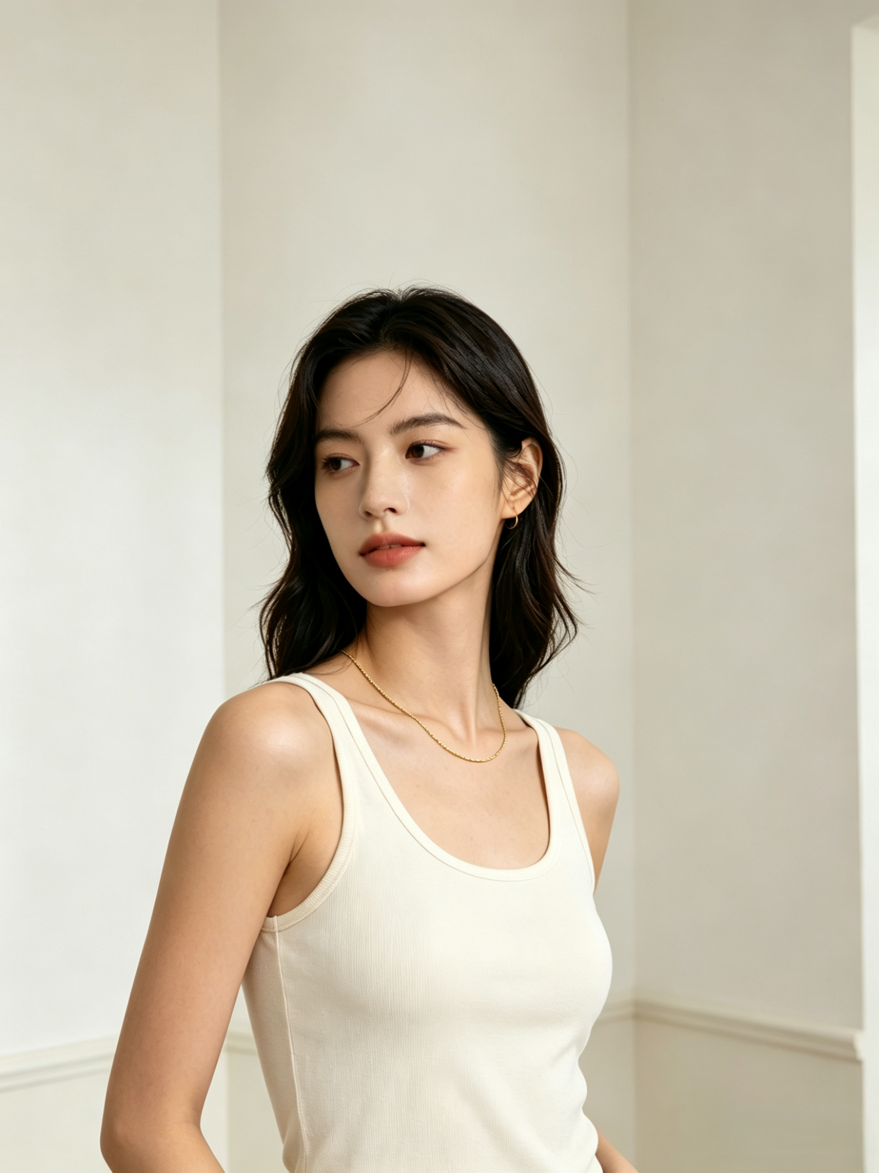 CARV. gold single chain necklace worn at collarbone with a minimal fine chain look