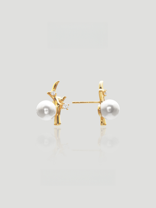 CARV. gold pearl branch stud earrings with white pearl, branch motif and clear crystal accents