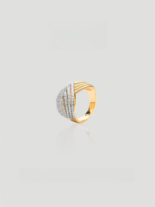 CARV. two-tone pavé crossover ring with ribbed gold band, silver pavé detail and sculptural wrap design