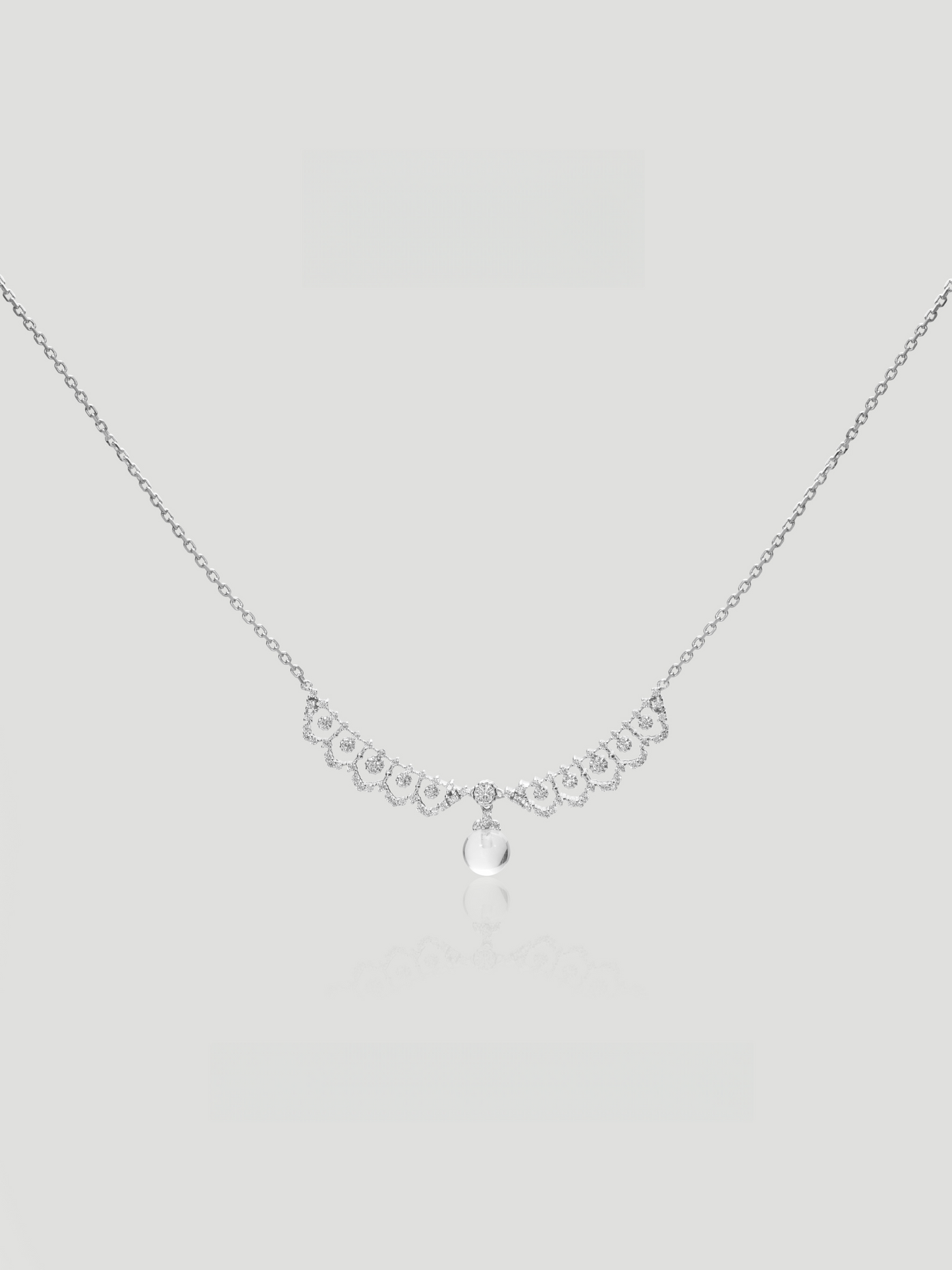 CARV. silver crystal drop necklace with scalloped crystal detail, fine chain and round drop pendant