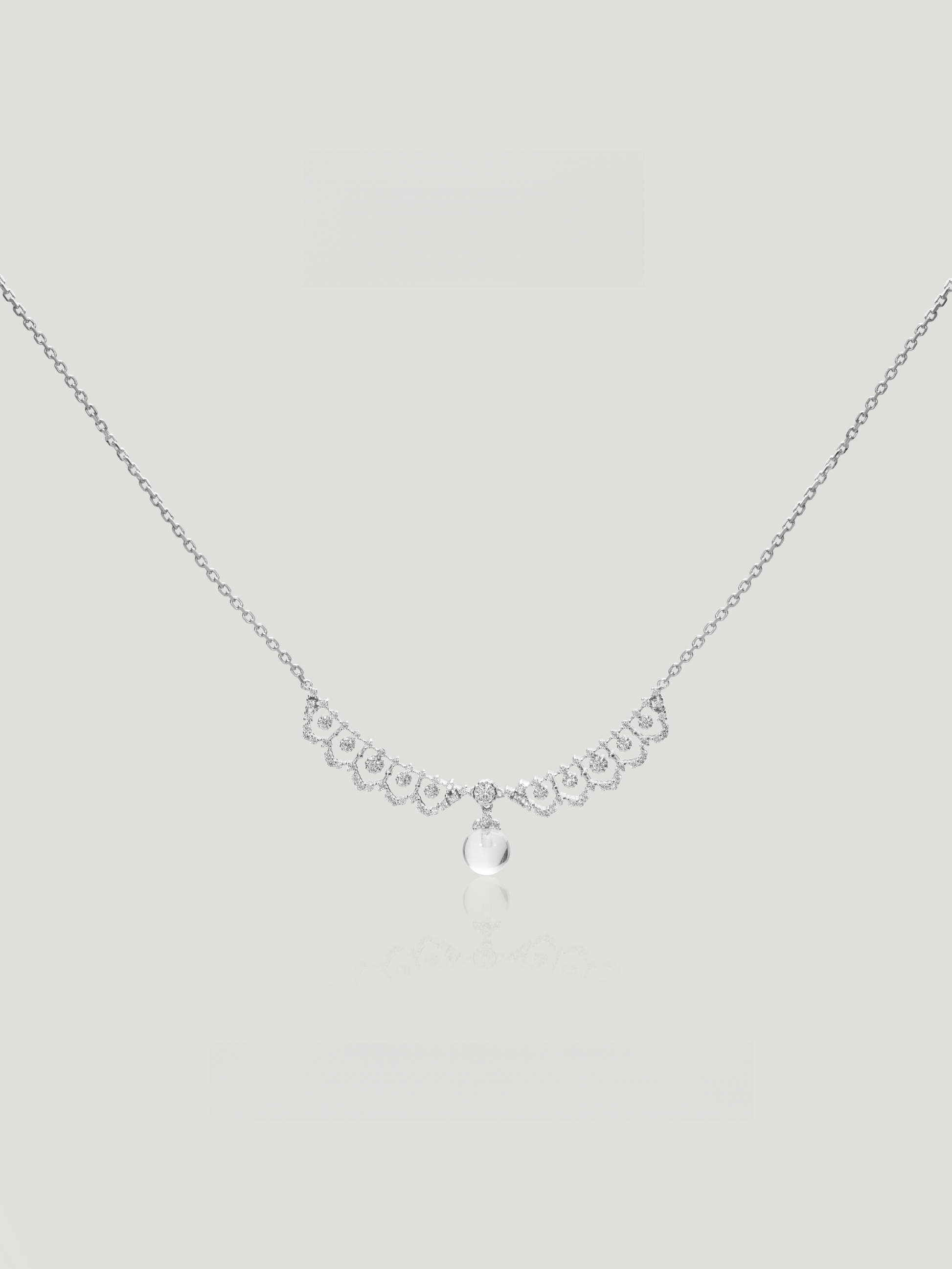 CARV. silver crystal drop necklace with scalloped crystal detail, fine chain and round drop pendant