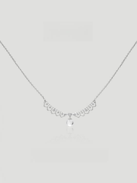 CARV. silver crystal drop necklace with scalloped crystal detail, fine chain and round drop pendant