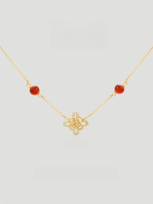 CARV. gold red agate knot necklace with red bead stations, knot pendant and fine chain