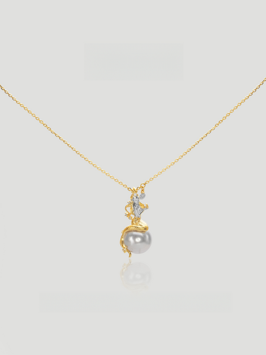 CARV. gold pearl pendant necklace with grey pearl drop, zircon accent and fine chain detail