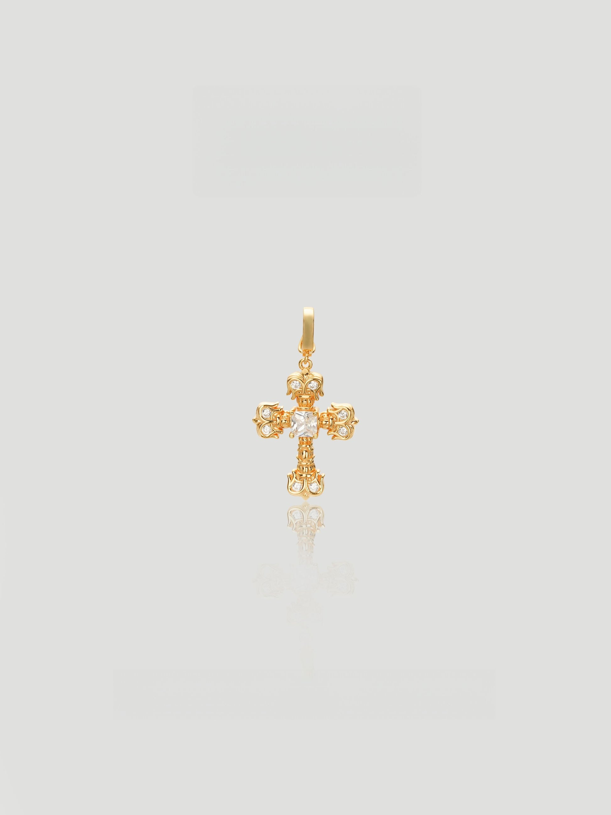 CARV. gold crystal cross pendant necklace with ornate cross design and round stone cluster detail