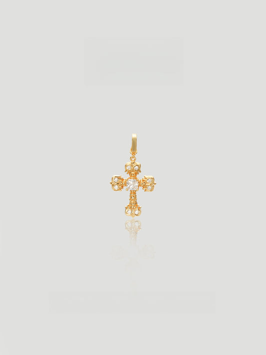 CARV. gold crystal cross pendant necklace with ornate cross design and round stone cluster detail