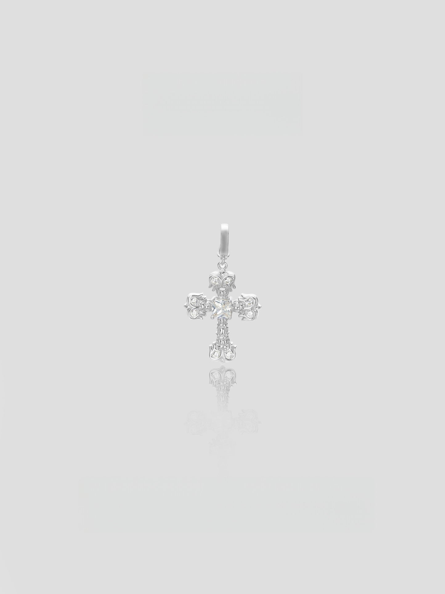 CARV. silver crystal cross pendant necklace with ornate cross design and round stone cluster detail