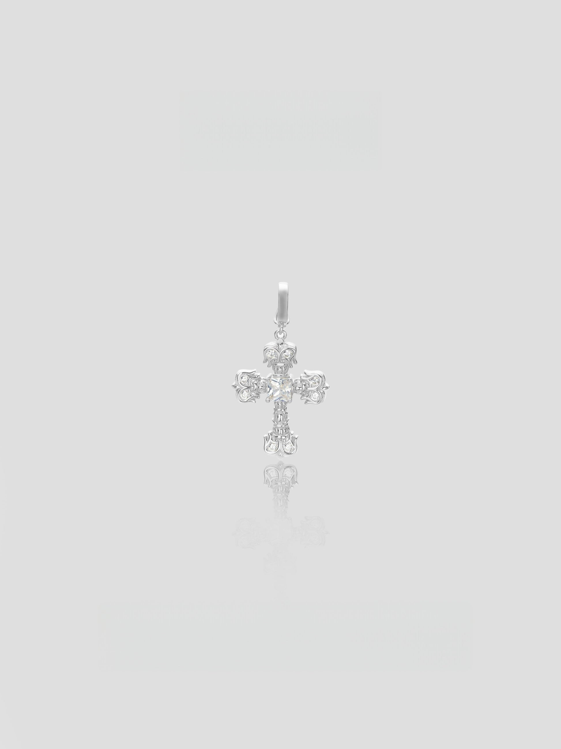 CARV. silver crystal cross pendant necklace with ornate cross design and round stone cluster detail
