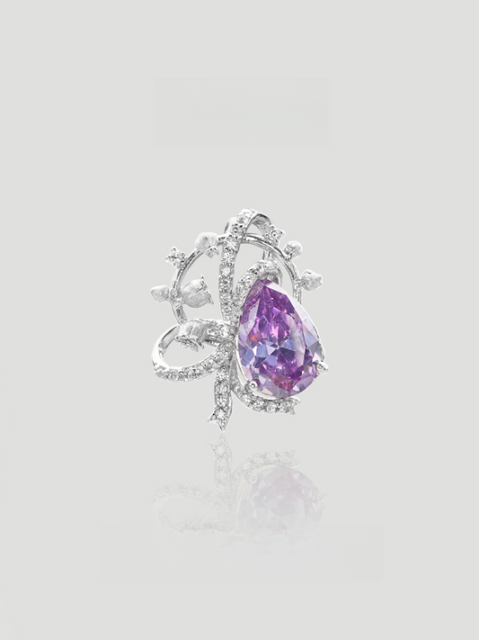 CARV. silver lavender bow pendant necklace with purple pear-cut stone, pavé ribbon detail and fine chain