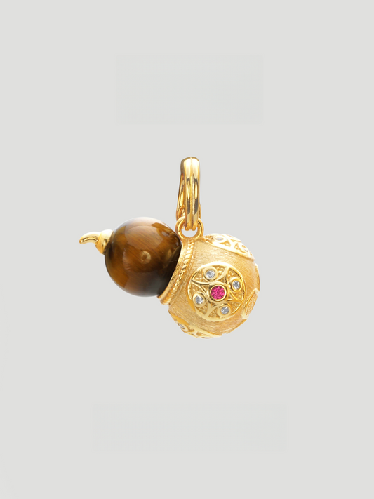 CARV. gold tiger eye gourd pendant with round brown stone, carved gourd charm and coloured stone detail