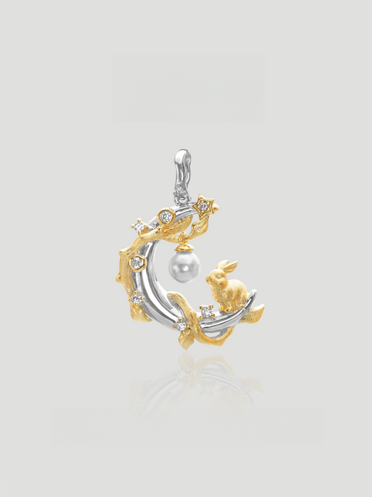 CARV. two-tone moon rabbit pearl pendant necklace with silver crescent moon, gold rabbit detail and white pearl charm