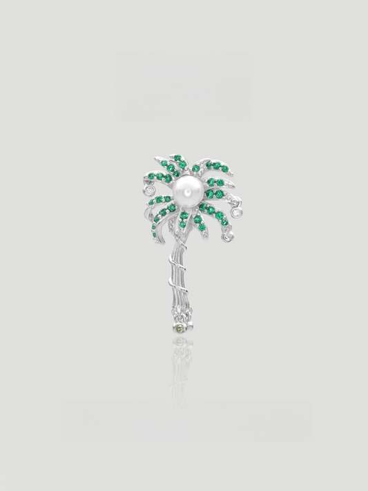 CARV. silver palm tree pendant with pearl center, green stone leaves and clear stone accents
