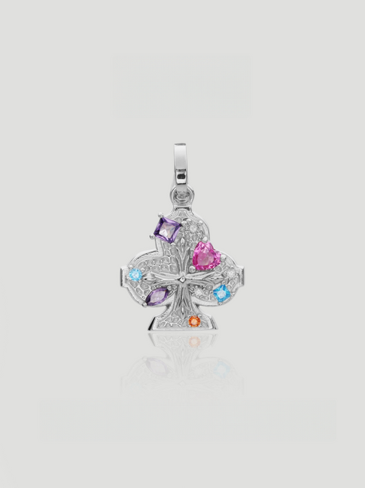 CARV. silver club pendant necklace with multicolour stones, filigree detail and fine chain