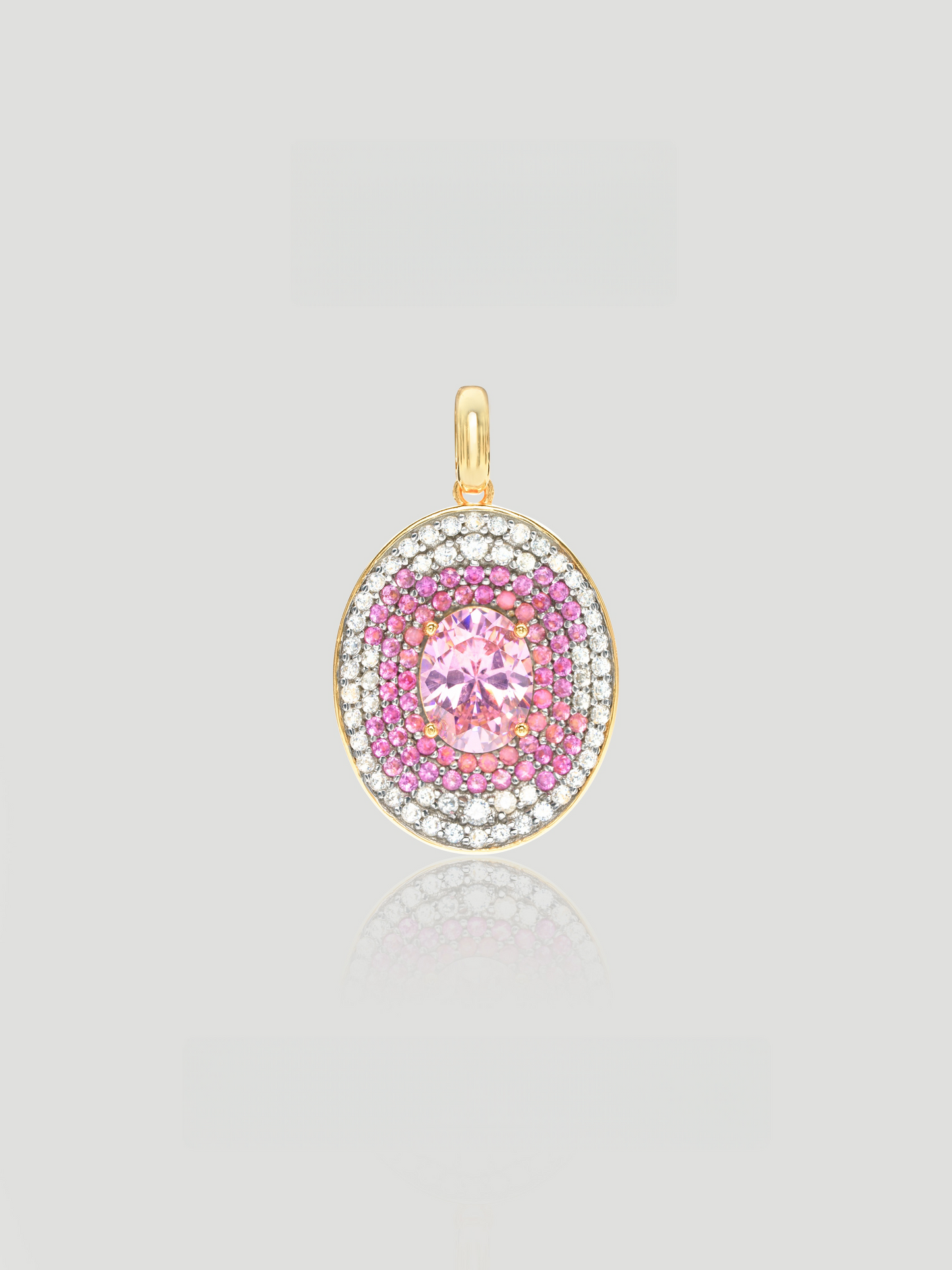 CARV. reversible pink oval pendant necklace with pink centre stone, crystal halo and gold setting