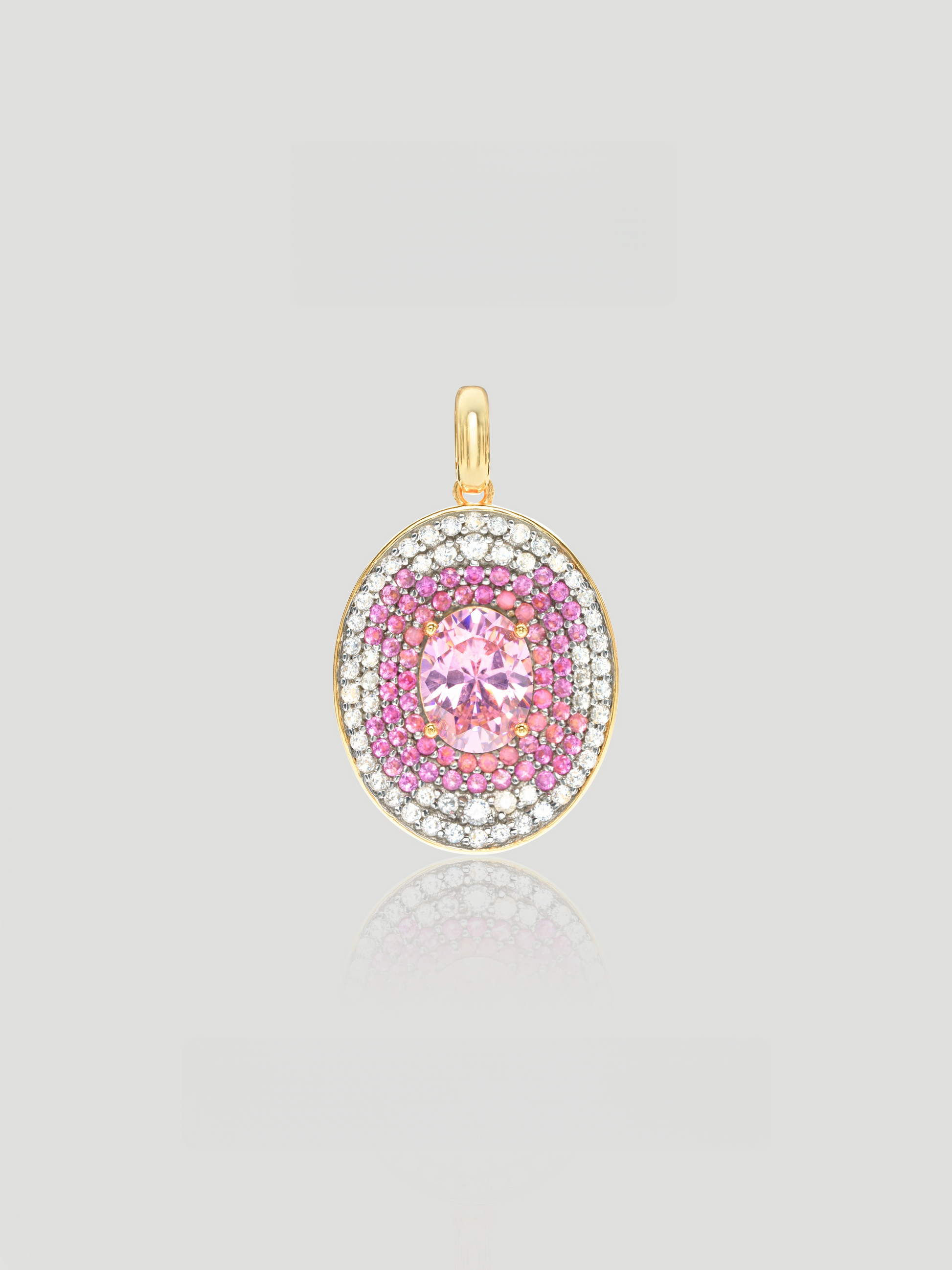 CARV. reversible pink oval pendant necklace with pink centre stone, crystal halo and gold setting