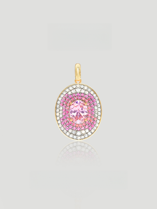 CARV. reversible pink oval pendant necklace with pink centre stone, crystal halo and gold setting