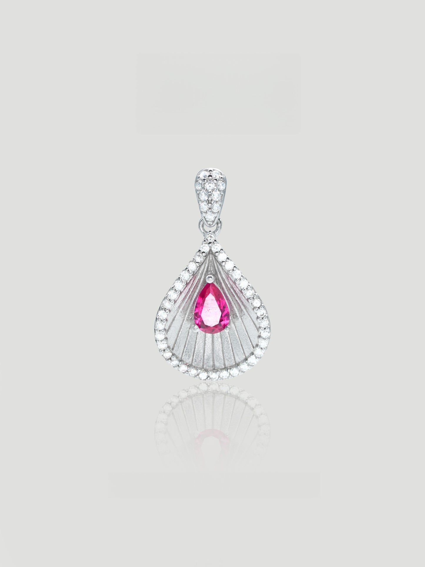 CARV. silver teardrop pendant necklace with pink centre stone, pavé outline and fan-shaped detail