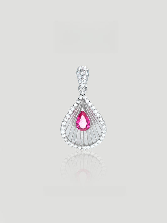 CARV. silver teardrop pendant necklace with pink centre stone, pavé outline and fan-shaped detail