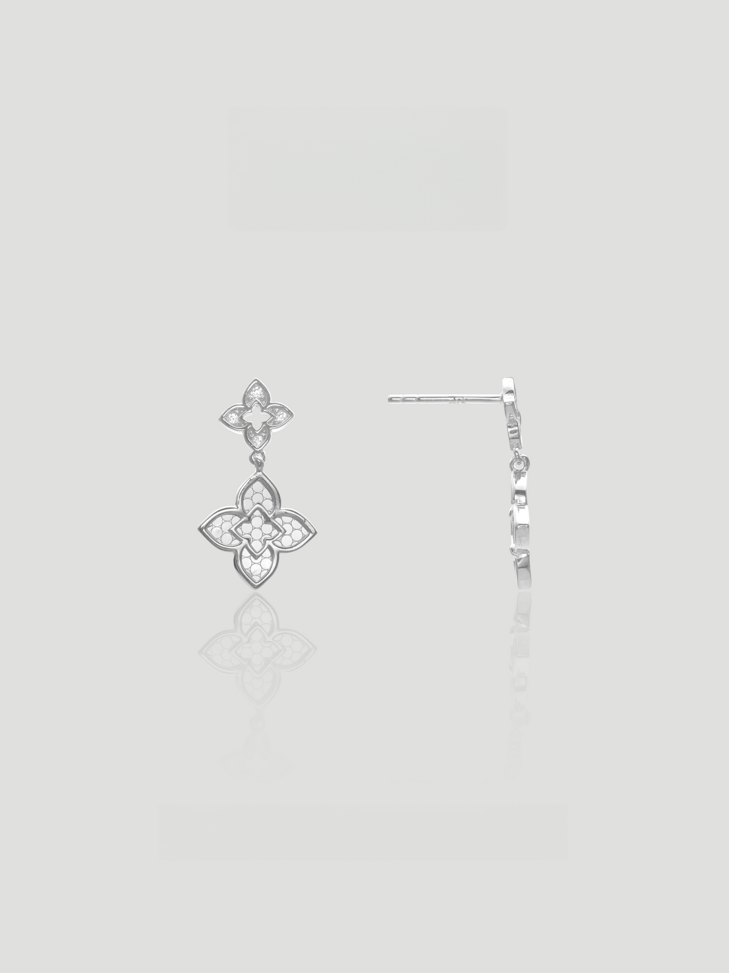 CARV. silver clover drop earrings with ornate quatrefoil design and stud drop detail