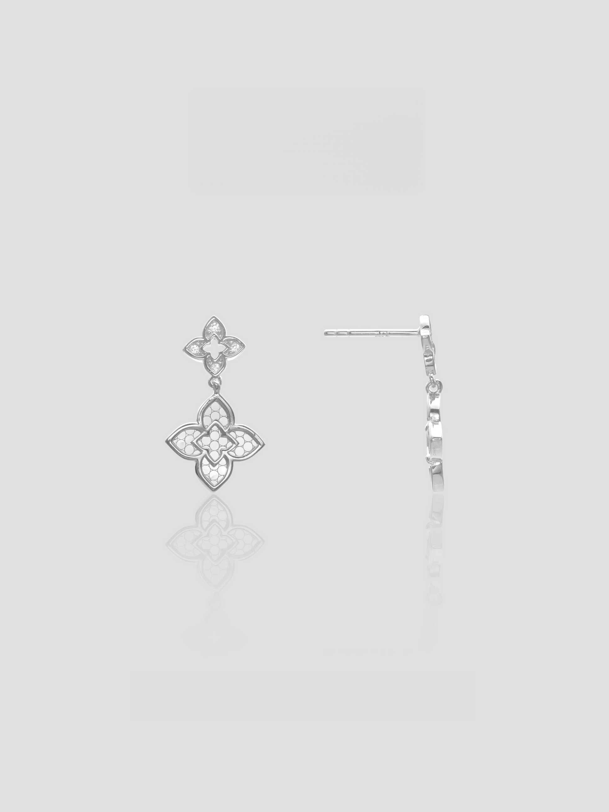 CARV. silver clover drop earrings with ornate quatrefoil design and stud drop detail