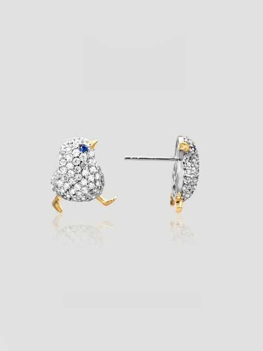 CARV. two-tone bird stud earrings with blue stone eye, silver pavé body and gold beak and feet