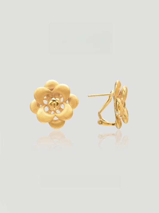 CARV. gold flower stud earrings with layered petal design and sculptural floral center