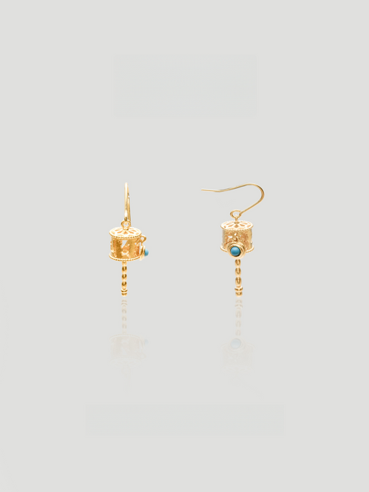 CARV. gold lantern drop earrings with turquoise stone detail and dangling beaded chain
