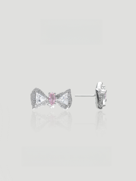 CARV. silver bow stud earrings with pink centre stone, pavé detail and post back