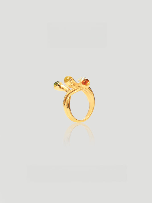 CARV. gold multi-stone open ring with colourful stones and sculptural orbit design