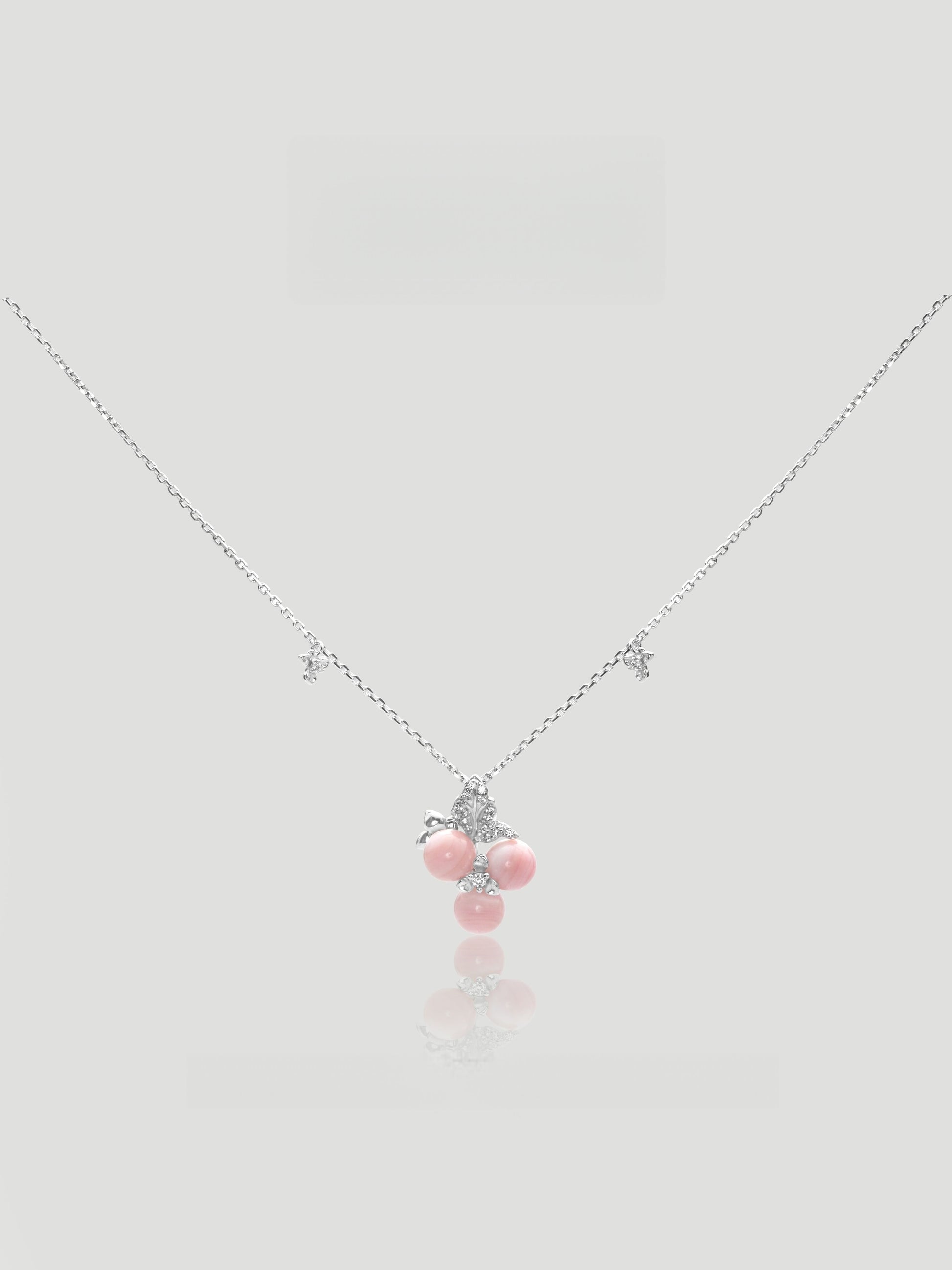 CARV. silver pink berry cluster necklace with crystal bow detail, pink bead drops and fine chain