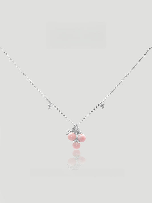 CARV. silver pink berry cluster necklace with crystal bow detail, pink bead drops and fine chain