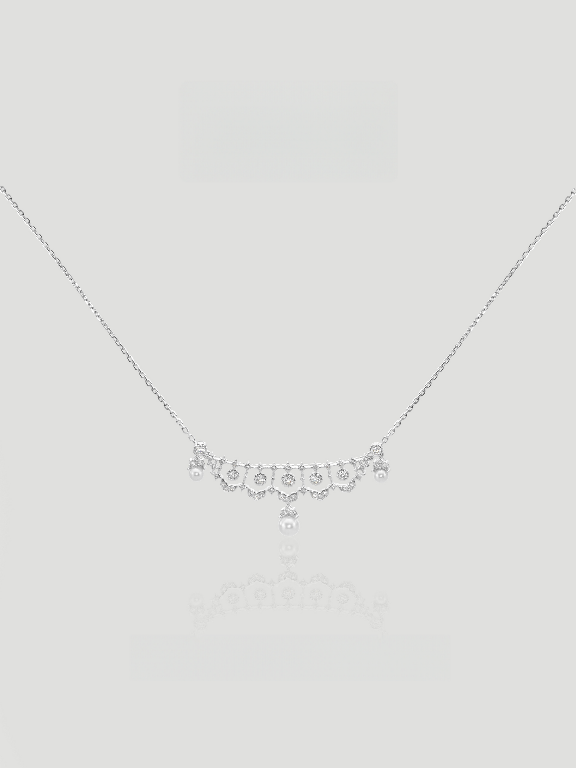 CARV. silver lace pearl necklace with scalloped fringe and drop pearl accents