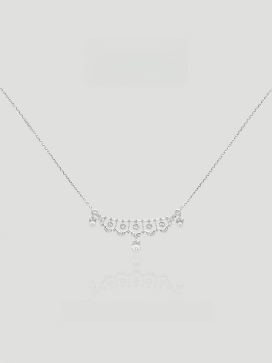 CARV. silver lace pearl necklace with scalloped fringe and drop pearl accents